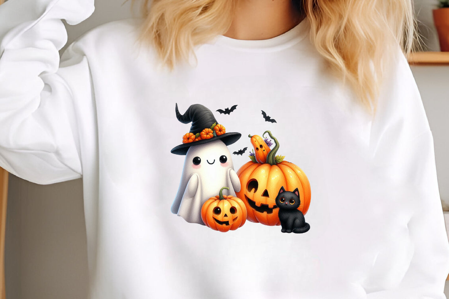 35 Watercolor Funny Autumn Ghost PNG Halloween Ghost Pumpkin Cat Clipart