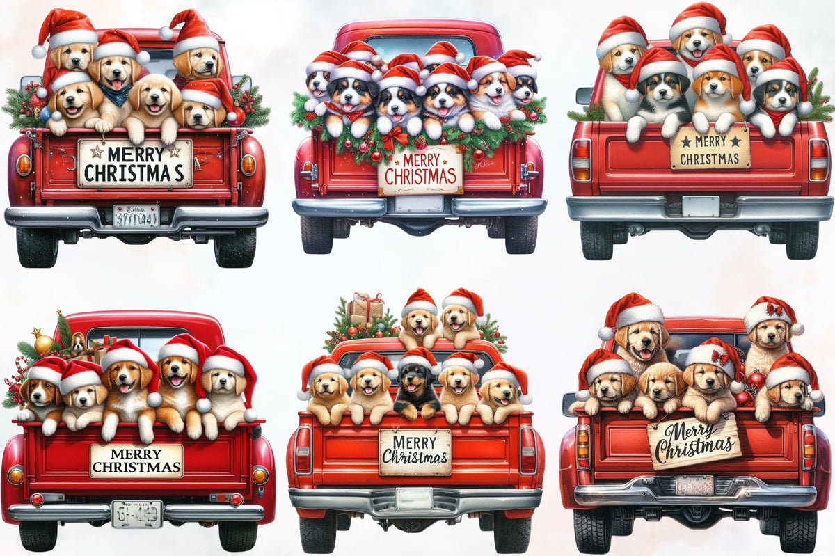 18 Christmas Dogs in Red Truck PNG Clipart Bundle Watercolor Cute Holiday