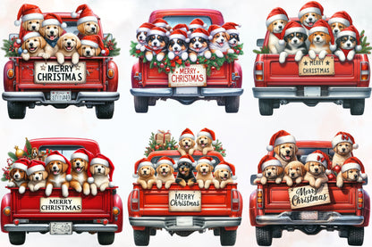 18 Christmas Dogs in Red Truck PNG Clipart Bundle Watercolor Cute Holiday