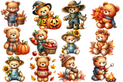 Autumn Teddy Bear Sublimation Clipart PNG Bundle | Watercolor Cozy Fall Teddy Bear Clipart | Rustic Harvest Bear PNG