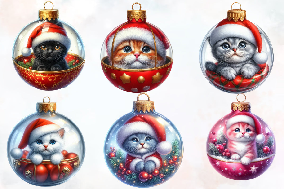 19 Christmas Cat Ornament PNG Clipart Bundle Watercolor Santa Hat Holiday