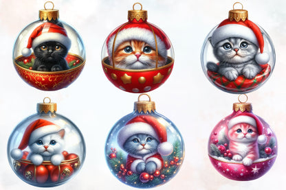 19 Christmas Cat Ornament PNG Clipart Bundle Watercolor Santa Hat Holiday