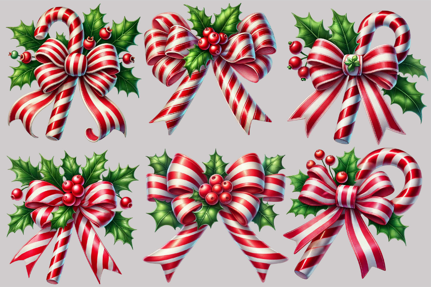 Christmas Coquette Bow Clipart PNG Bundle | Candy Cane Bow, Holly Berry, Christmas Ribbon & Festive Watercolor Designs