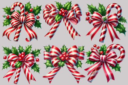 Christmas Coquette Bow Clipart PNG Bundle | Candy Cane Bow, Holly Berry, Christmas Ribbon & Festive Watercolor Designs