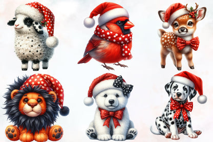Christmas Animals PNG Clipart Bundle | Watercolor Cute Holiday Animals, Santa Hats, Bows & Festive Winter Designs