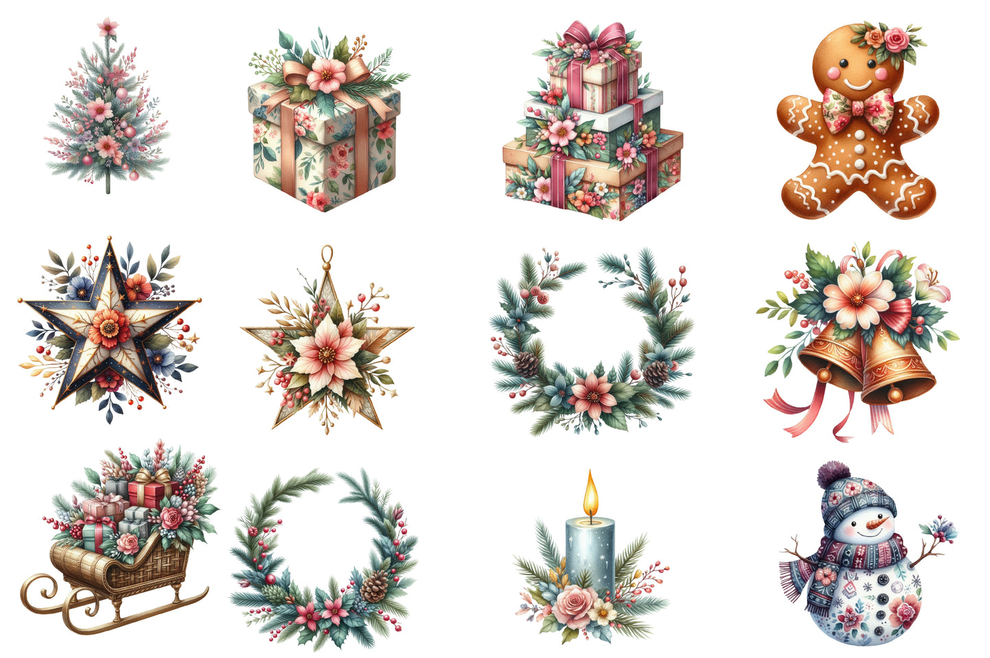 Christmas Floral Watercolor Clipart PNG Bundle | Floral Christmas Clipart | Holiday Sublimation