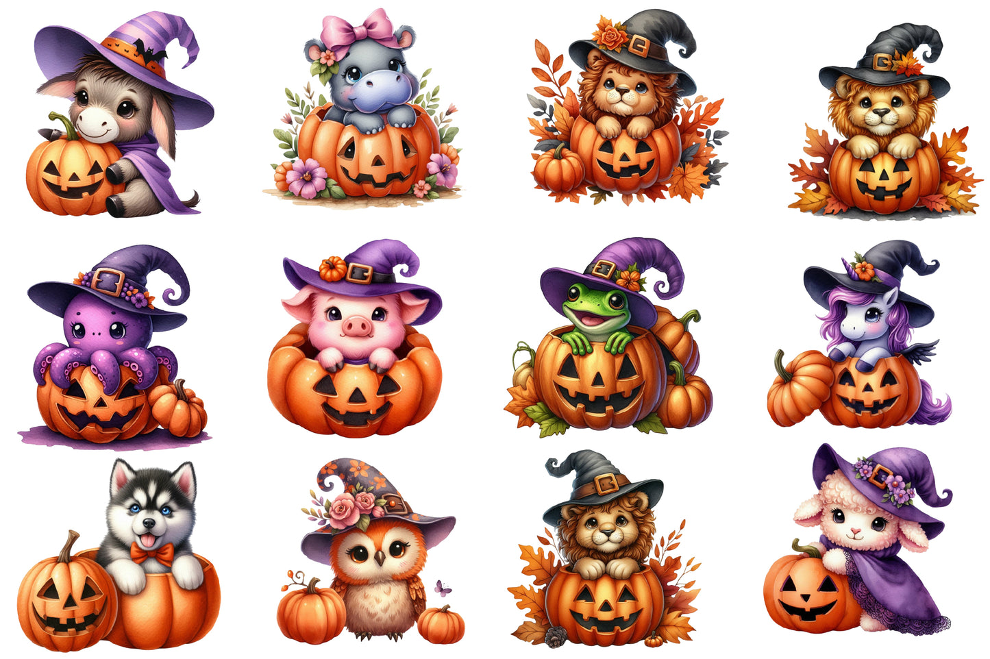 Halloween Animals Clipart PNG Bundle | Cute Witch Animal PNG, Spooky Pumpkin Animal Clipart