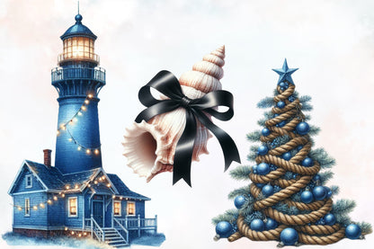 Merry Maritime Christmas Clipart PNG Bundle | Nautical Santa, Christmas Boat, Anchor & Coastal Holiday Designs