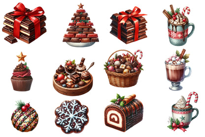 Chocolate Christmas Watercolor Clipart PNG Bundle | Christmas Chocolate Clipart | Holiday Sublimation