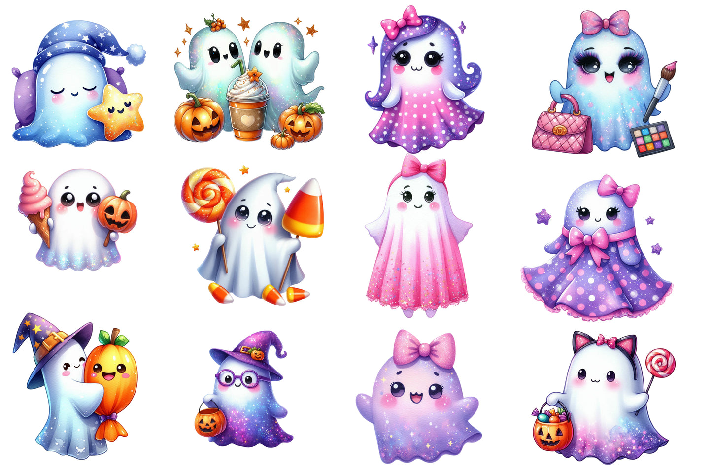Cute Boo Halloween Watercolor Clipart PNG Bundle | Kawaii Ghost Halloween Clipart | Cute Spooky Sublimation PNG