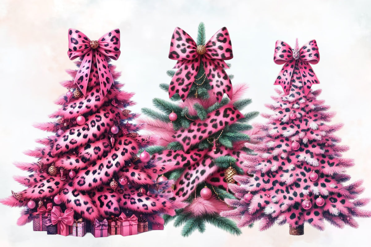 Pink Leopard Christmas Tree PNG Bundle – Watercolor Holiday Trees