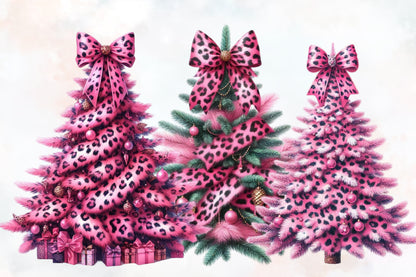 Pink Leopard Christmas Tree PNG Bundle – Watercolor Holiday Trees