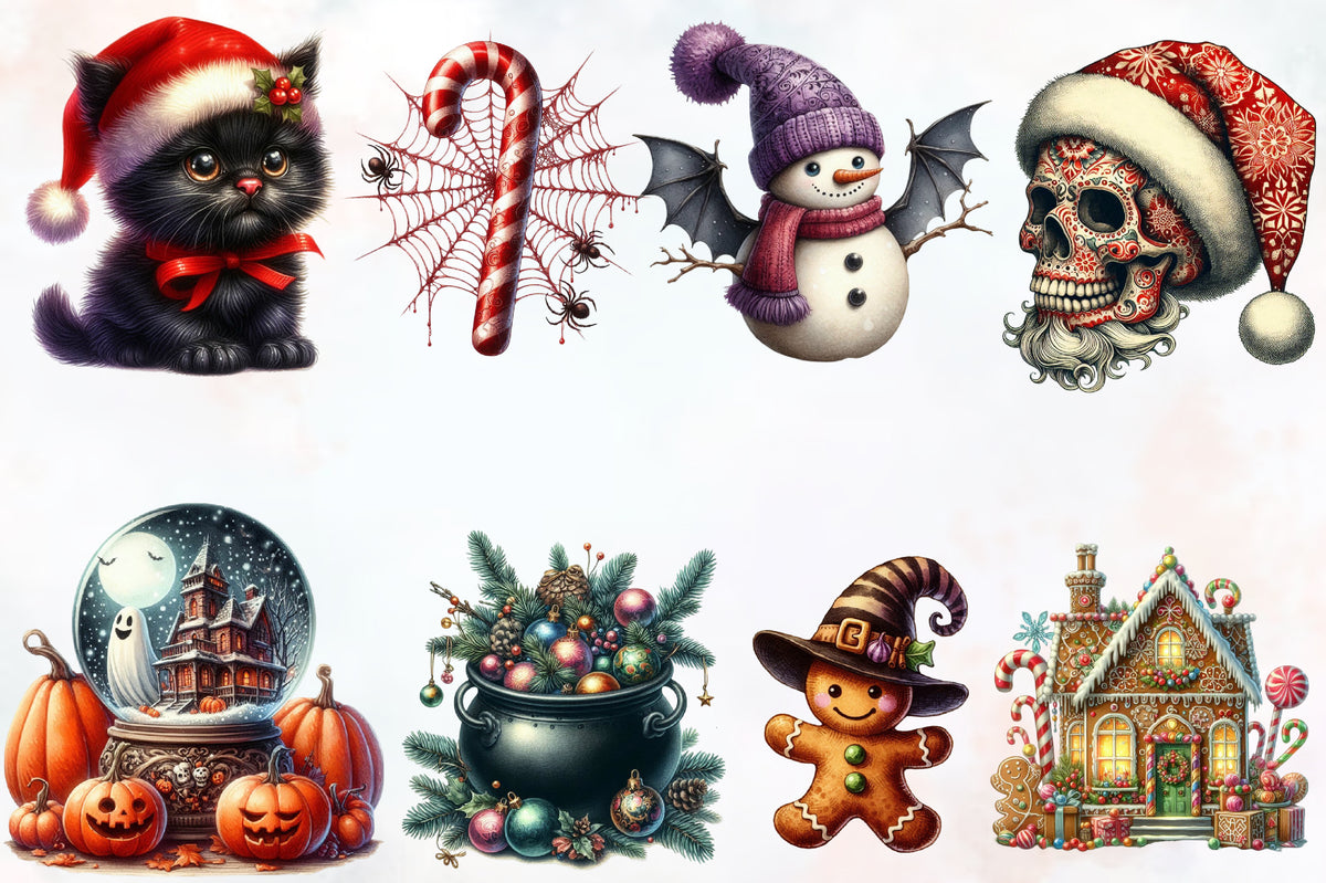 Halloween Christmas PNG Bundle Spooky Christmas Watercolor Clipart