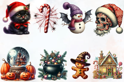 Halloween Christmas PNG Bundle Spooky Christmas Watercolor Clipart