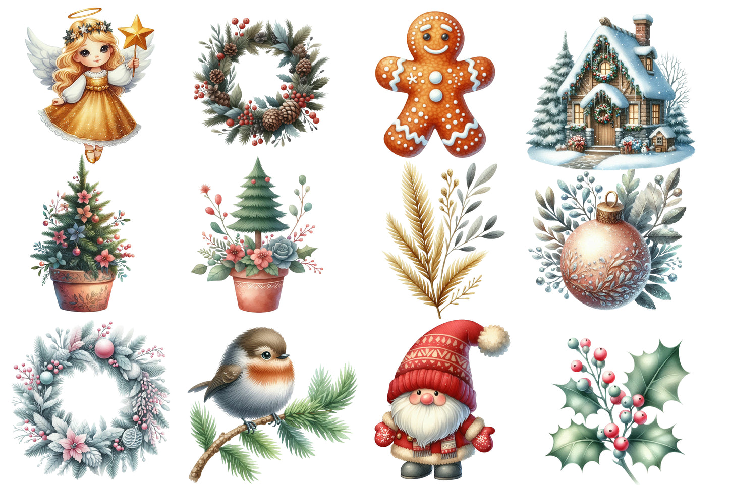 Boho Christmas Clipart Bundle PNG | Neutral Watercolor Christmas Clipart | Rustic Bohemian Holiday Sublimation