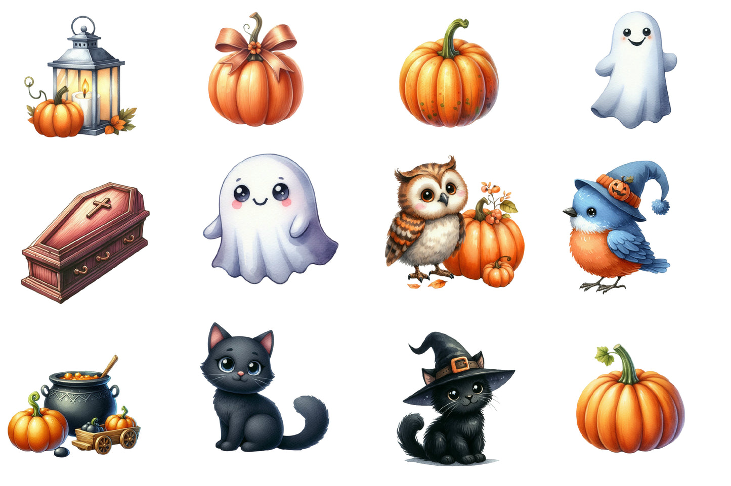 Kawaii Halloween Clipart PNG Bundle | Cute Ghost, Owl, Cat & Pumpkin Clipart