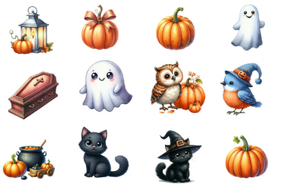 Kawaii Halloween Clipart PNG Bundle | Cute Ghost, Owl, Cat & Pumpkin Clipart