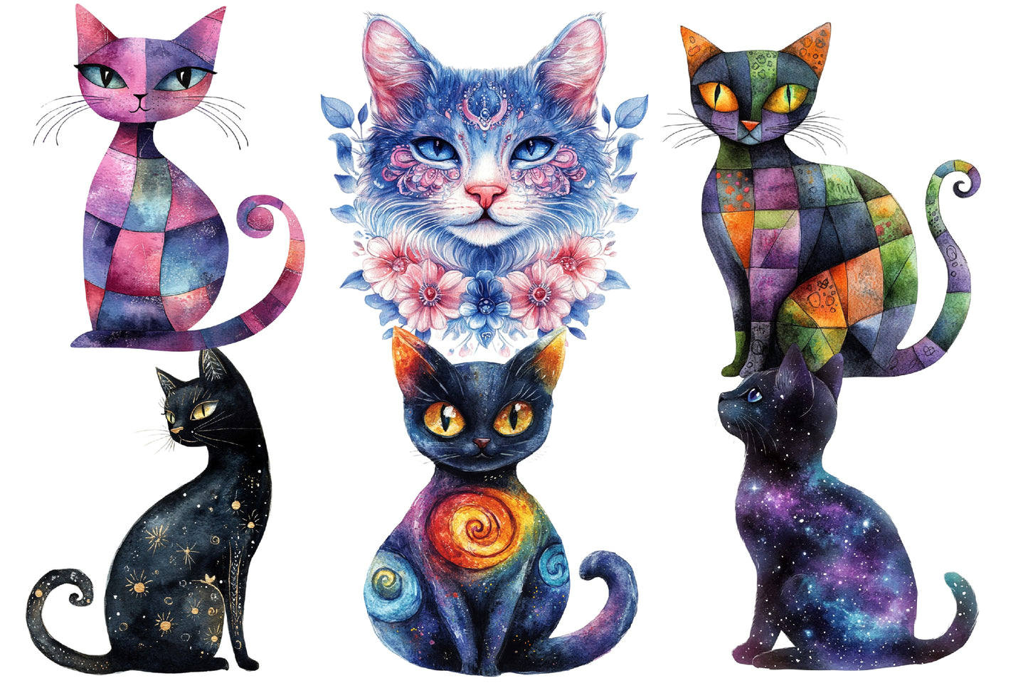 Whimsy Halloween Cat Clipart PNG Bundle | Cute Black Cat, Witch Cat, Pumpkin & Ghost Clipart | Spooky Sublimation