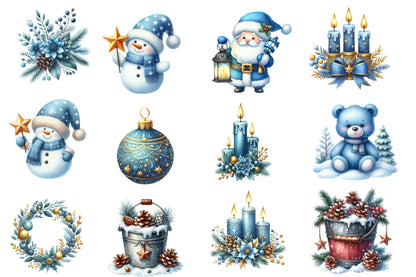 Blue and Gold Christmas Clipart PNG Bundle | Luxury Watercolor Holiday Clipart | Elegant Blue Gold Christmas PNG