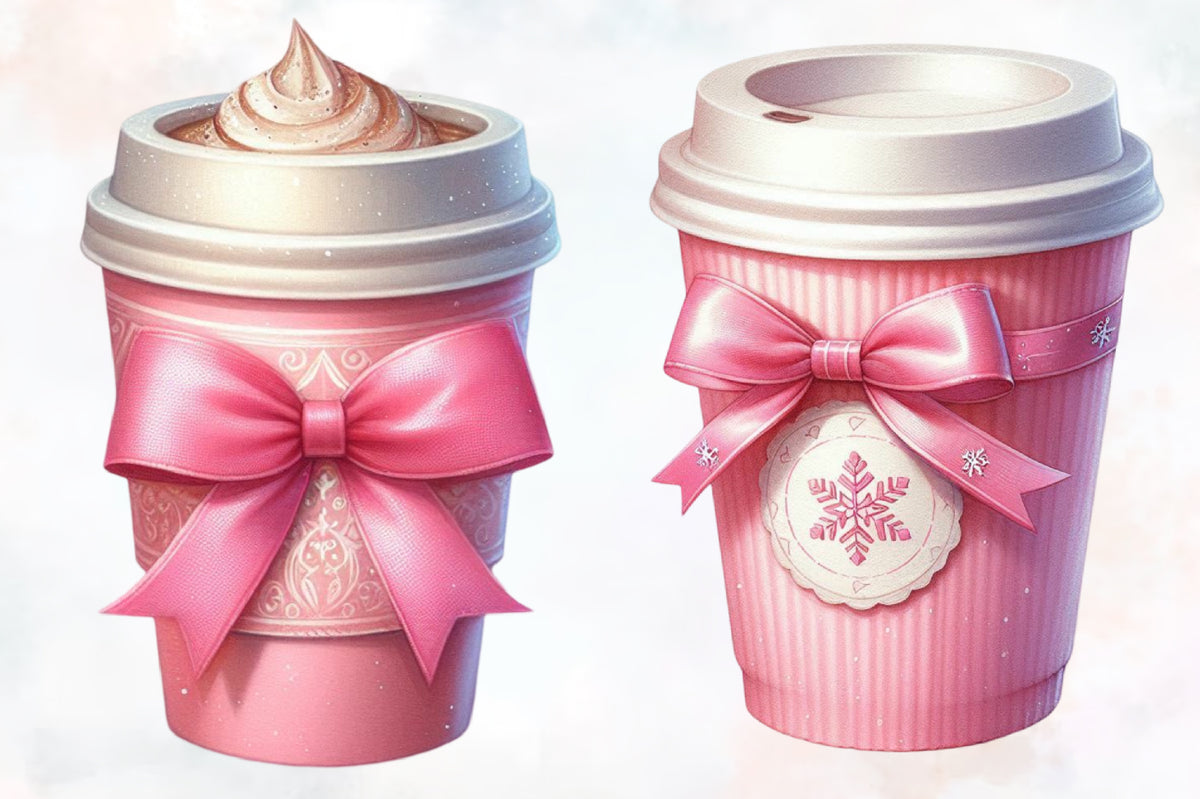 17 Christmas Coffee Cup PNG Clipart Bundle Watercolor Pink Bow Winter Mug