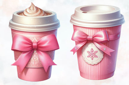 17 Christmas Coffee Cup PNG Clipart Bundle Watercolor Pink Bow Winter Mug