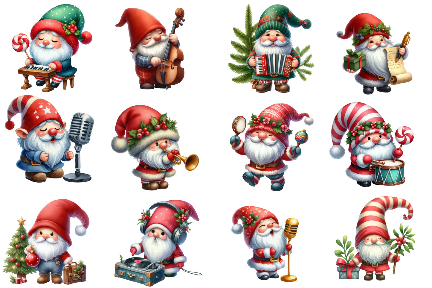 Christmas Gnome Musicians Sublimation PNG Bundle | Watercolor Musical Christmas Gnome Clipart | Holiday Music PNG