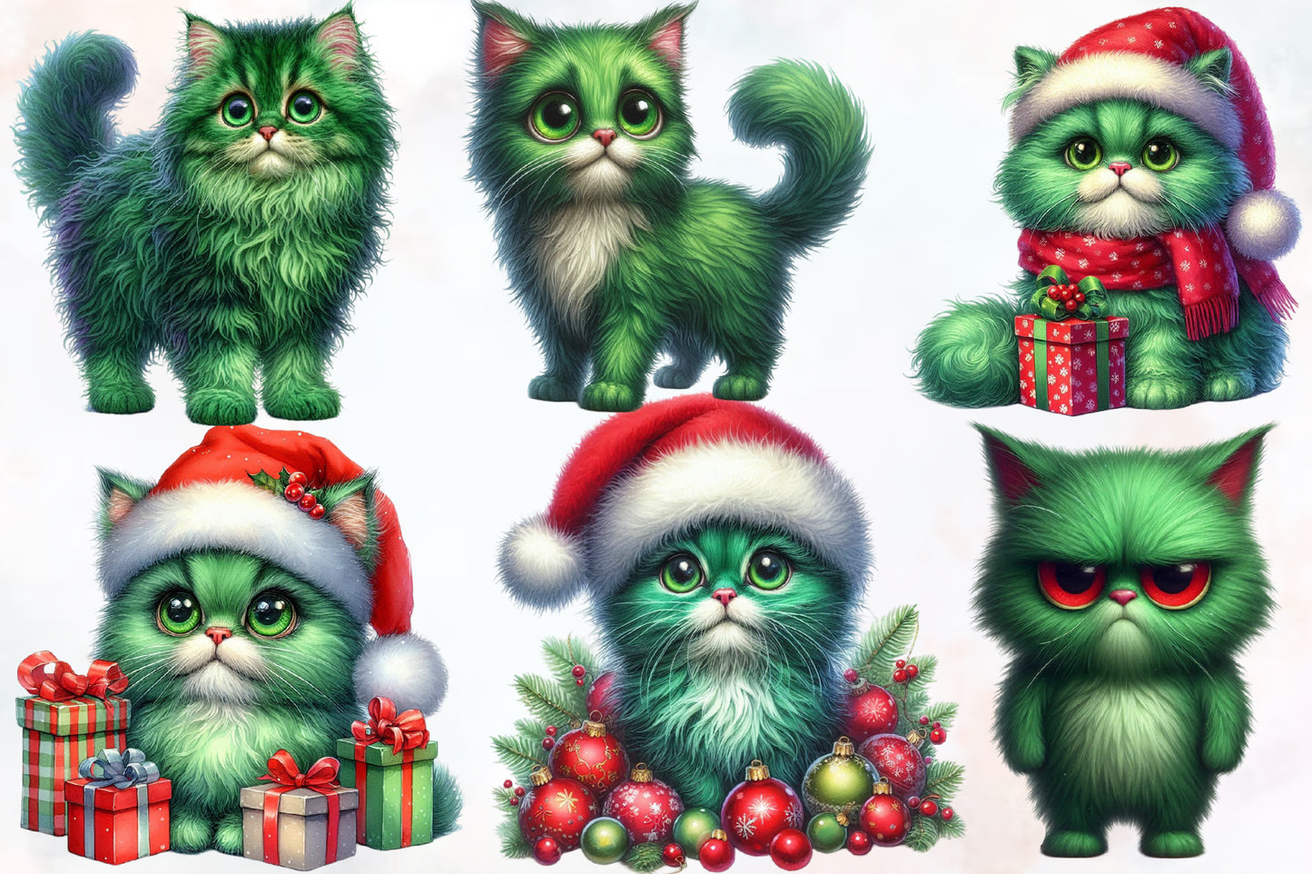 Cute Green Christmas Cat Clipart PNG Bundle | Festive Green Cat, Santa Cat & Holiday Kitty Designs