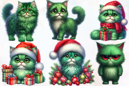 Cute Green Christmas Cat Clipart PNG Bundle | Festive Green Cat, Santa Cat & Holiday Kitty Designs