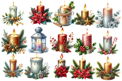 Christmas Glitter Candle Clipart PNG Bundle | Watercolor Sparkling Christmas Candle Clipart | Holiday Candle Sublimation PNG