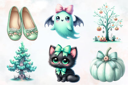 Halloween Pastel Mint PNG Bundle 20 Cute Watercolor Clipart