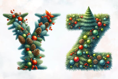 Watercolor Christmas Tree Alphabet PNG Bundle  26 Letters
