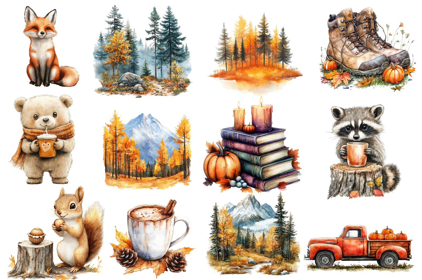 Autumn Nature Clipart PNG Bundle | Watercolor Fall Woodland Nature Clipart | Cozy Harvest Botanical PNG
