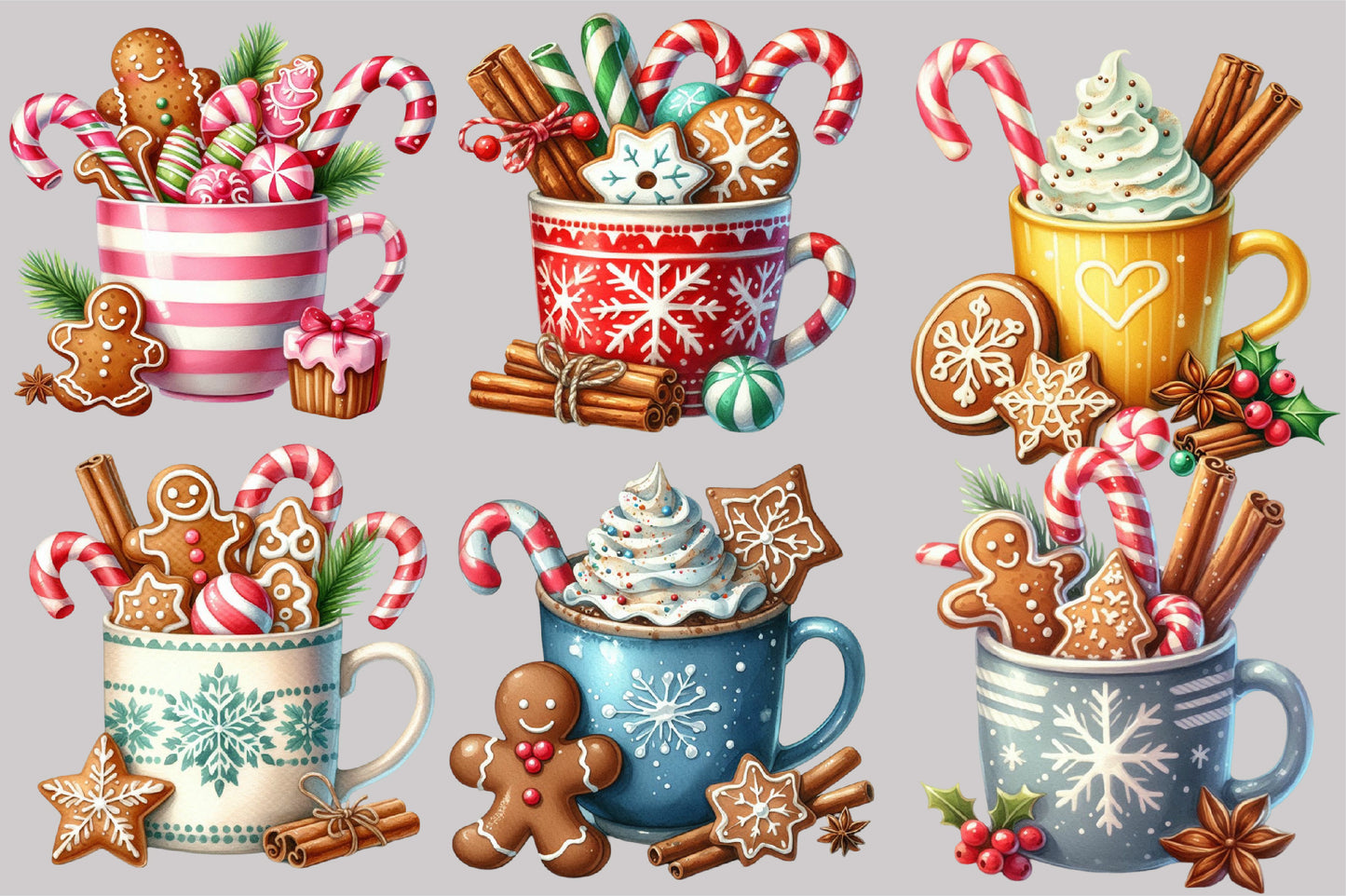 Watercolor Christmas Hot Cocoa Clipart PNG Bundle | Gingerbread Cocoa & Candy Cane