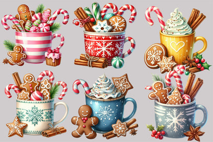 Watercolor Christmas Hot Cocoa Clipart PNG Bundle | Gingerbread Cocoa & Candy Cane