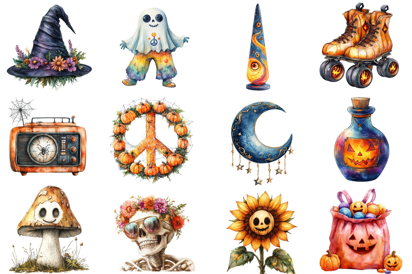 Groovy Halloween Clipart PNG Bundle | Retro Halloween Clipart, Vintage Halloween PNG