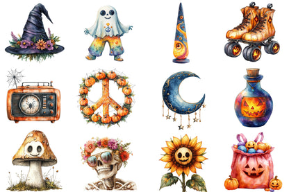 Groovy Halloween Clipart PNG Bundle | Retro Halloween Clipart, Vintage Halloween PNG
