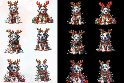 Christmas Dalmatian Puppy PNG Clipart Bundle | Watercolor Dalmatian Dogs, Reindeer Puppies, Christmas Lights & Scarves