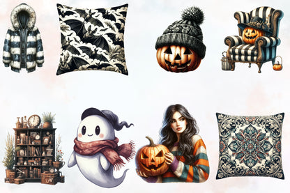 Cozy Halloween PNG Bundle 30 Watercolor Autumn & Halloween Clipart