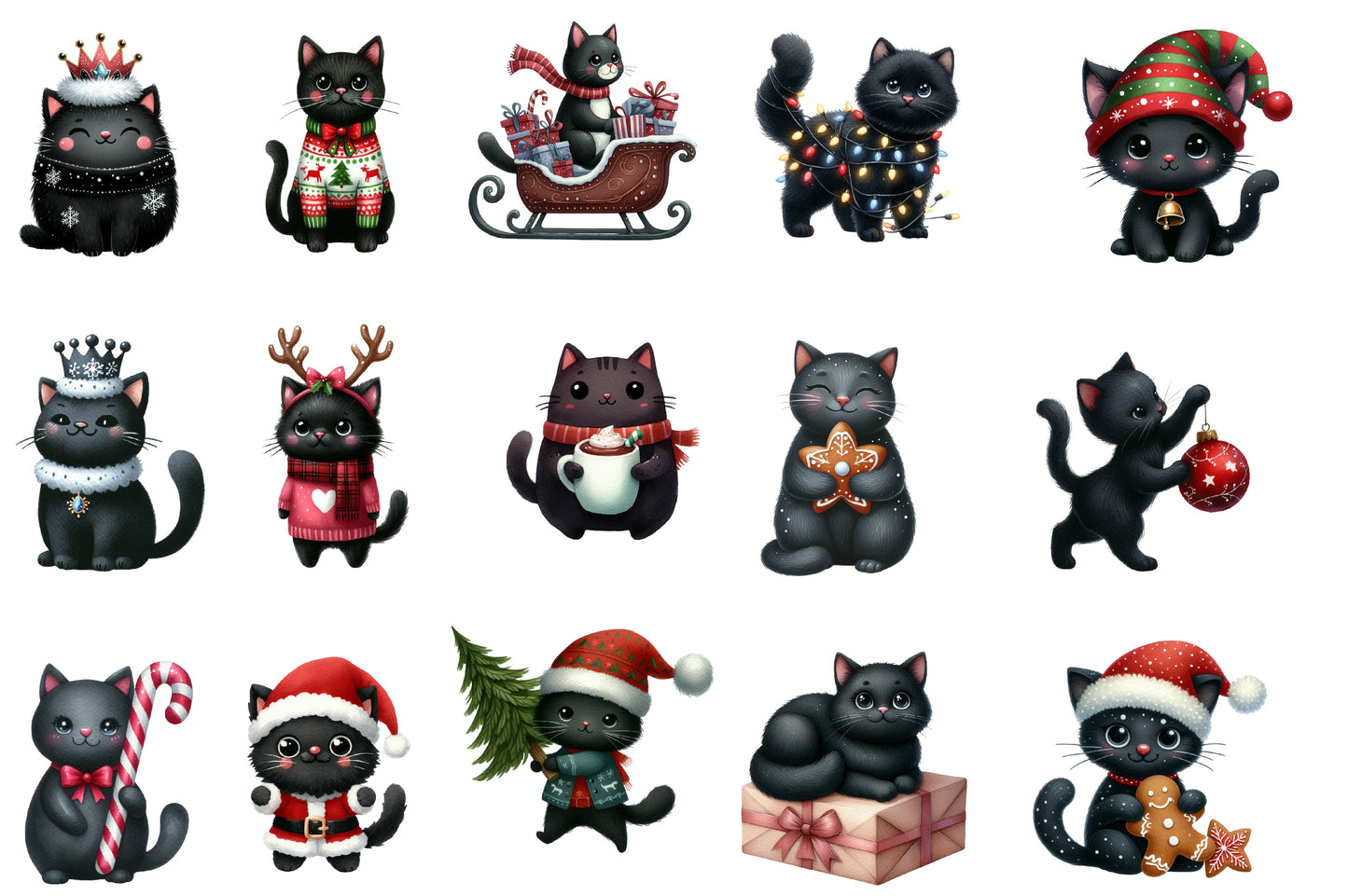Christmas Black Cat Clipart PNG Bundle | Cute Black Cat Christmas PNG | Black Cat Christmas Sublimation