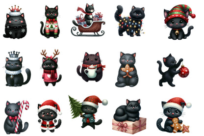 Christmas Black Cat Clipart PNG Bundle | Cute Black Cat Christmas PNG | Black Cat Christmas Sublimation