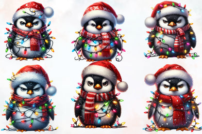 25 Christmas Grumpy Penguin PNG Watercolor Clipart Bundle Holiday