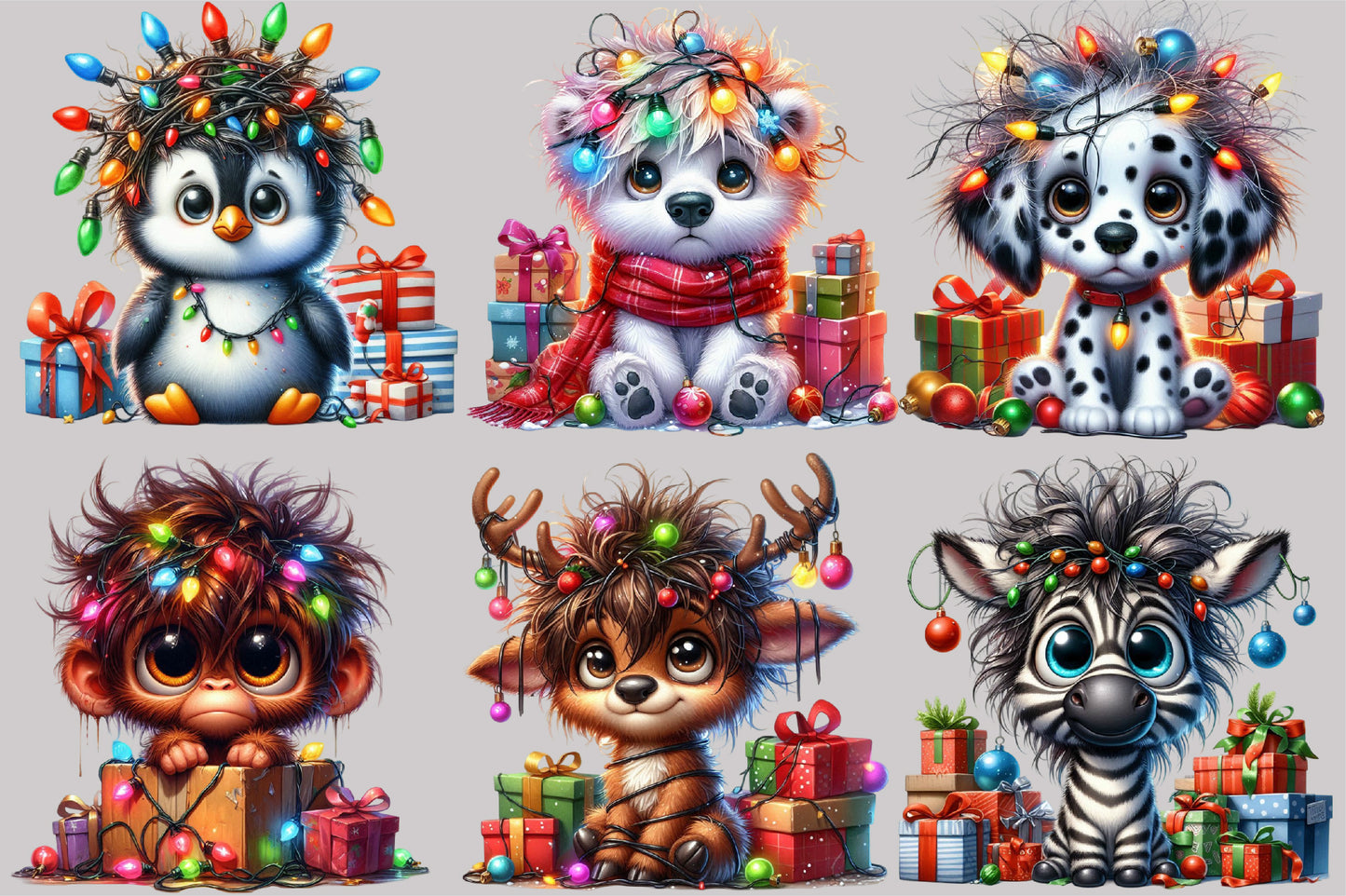Watercolor Christmas Animals Clipart PNG Bundle | Cute Holiday Animal Christmas Lights & Gift Designs