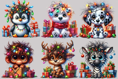 Watercolor Christmas Animals Clipart PNG Bundle | Cute Holiday Animal Christmas Lights & Gift Designs
