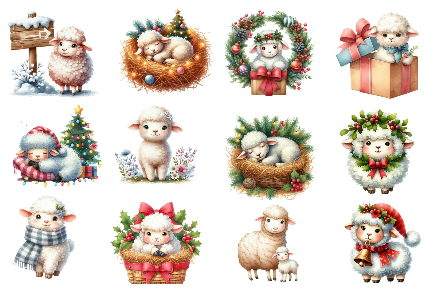 Christmas Lamb Farm Clipart PNG Bundle | Watercolor Cute Christmas Lamb Farm Clipart | Rustic Holiday Farm Sublimation PNG