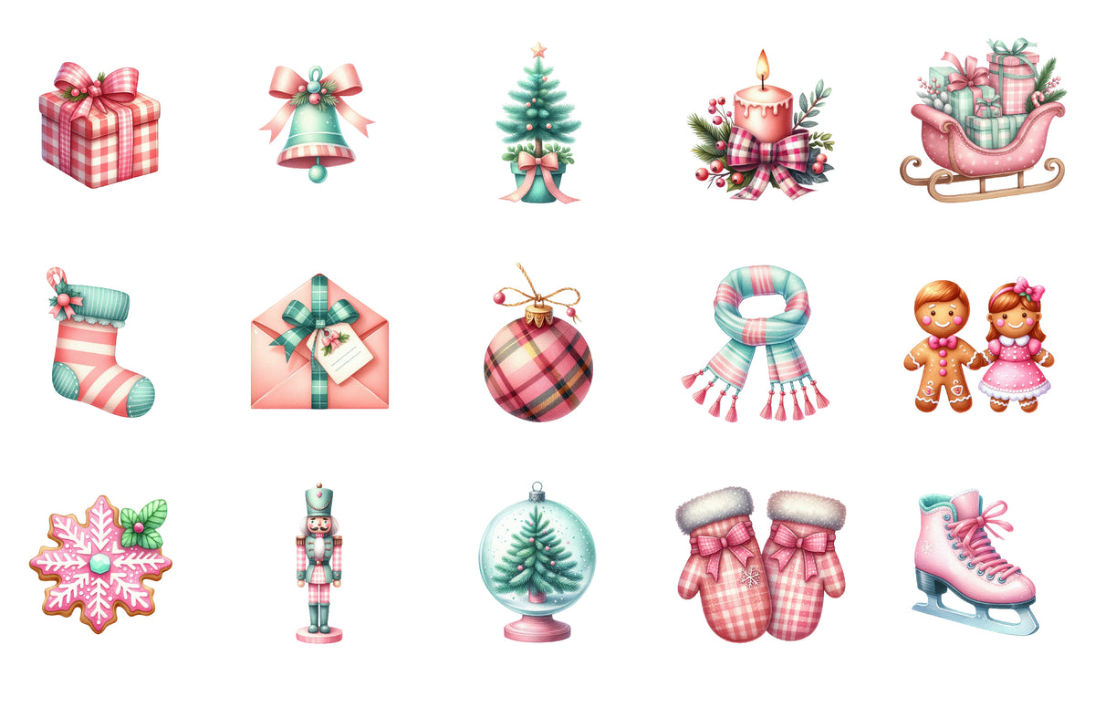 Pink & Mint Christmas Watercolor Clipart PNG Bundle | Cute Christmas PNG | Pastel Holiday Sublimation