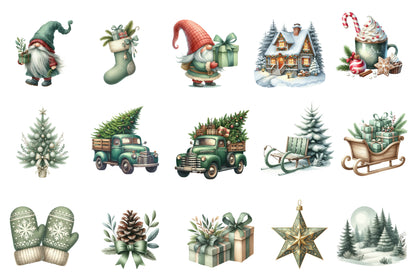 Neutral Christmas Clipart PNG Bundle | Green Christmas Watercolor Clipart | Rustic Winter Holiday Sublimation PNG