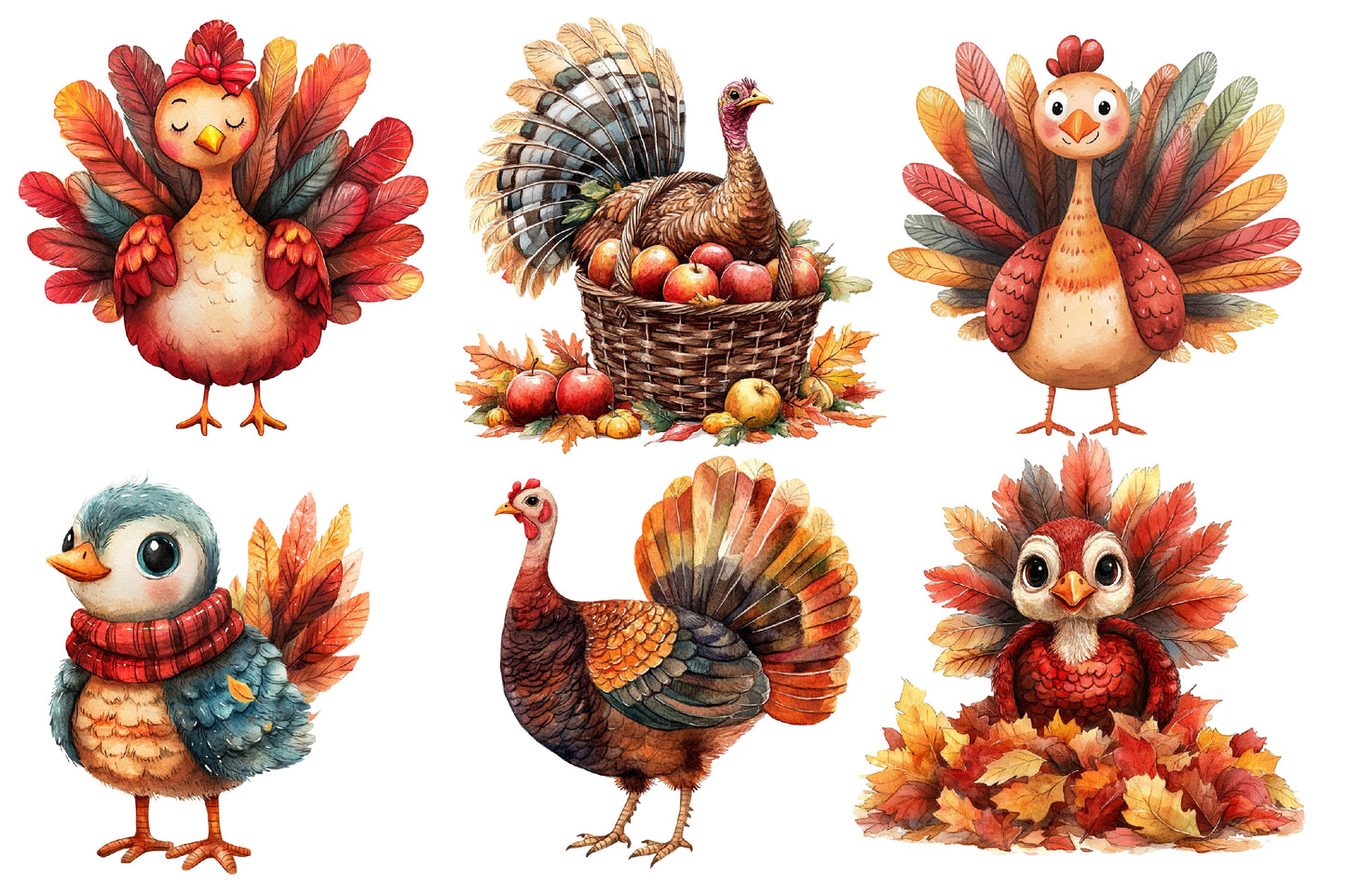 Autumn Turkeys PNG Bundle | Cute Thanksgiving Turkey Clipart | 17 Transparent Fall Turkey Sublimation