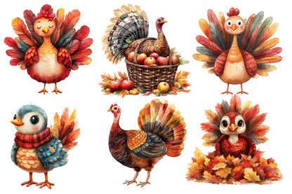 Autumn Turkeys PNG Bundle | Cute Thanksgiving Turkey Clipart | 17 Transparent Fall Turkey Sublimation
