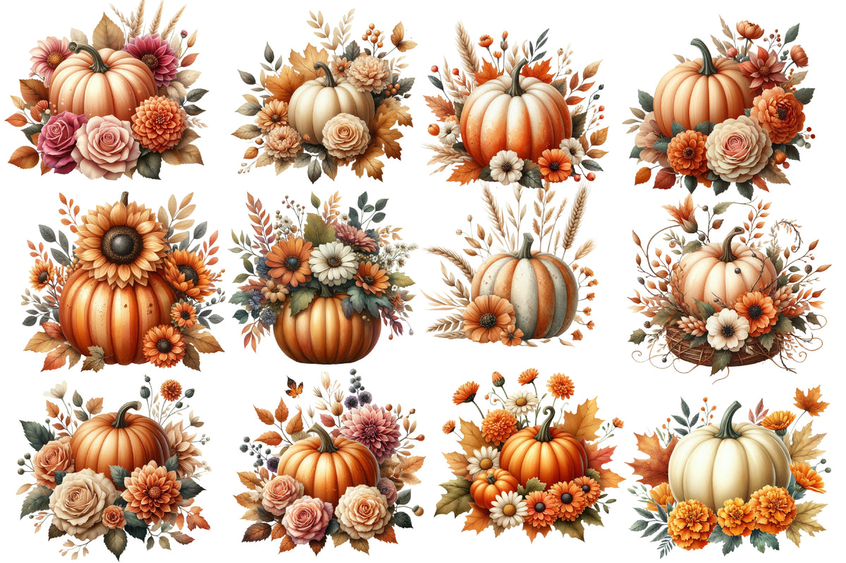 Fall Pumpkin Flowers PNG Bundle | Floral Pumpkin Clipart, Sunflower Pumpkin PNG,