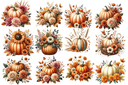 Fall Pumpkin Flowers PNG Bundle | Floral Pumpkin Clipart, Sunflower Pumpkin PNG,